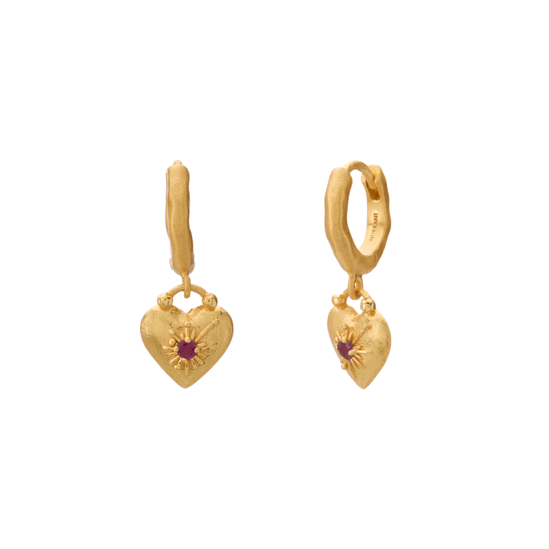 Murkani Love You Small Heart Huggies - 18k Gold Plated w Ruby