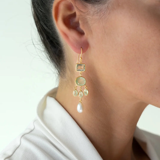 Rubyteva Purani Earrings w Amethyst, Prehnite & Pearl