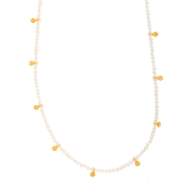 Rubyteva Pearl Beaded Necklace w/ Gold Flowers