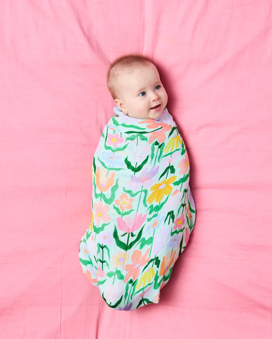 Kip & Co Popping Flowers Green Bamboo Swaddle