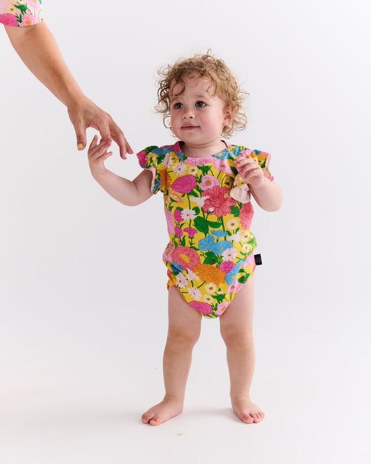 Kip & Co Follow The Sun Yellow Organic Short Sleeve Frill romper