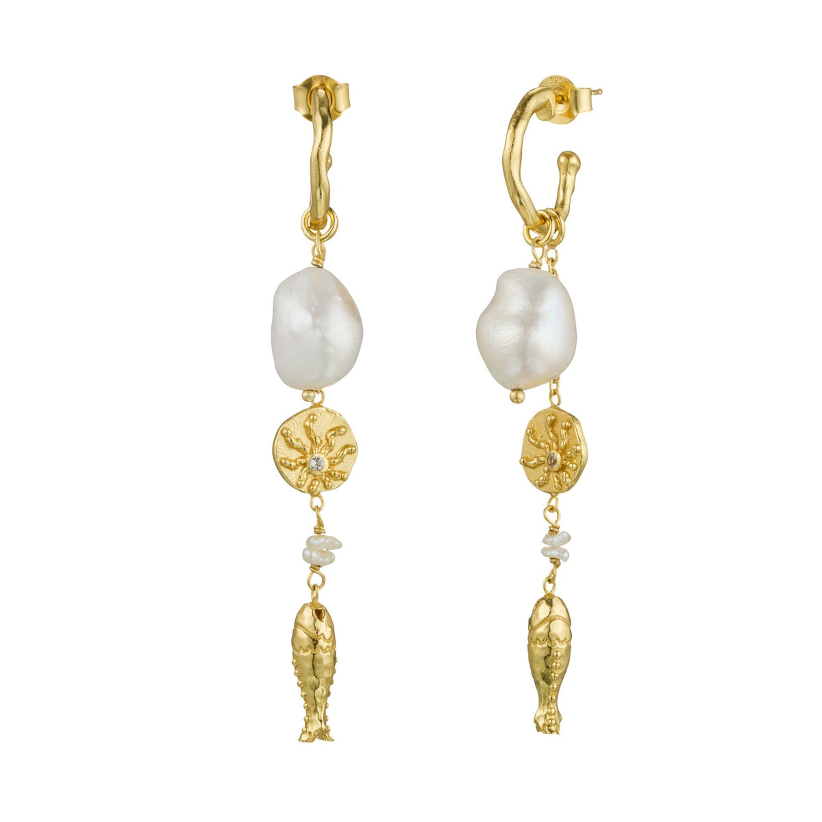 Murkani Of The Sea Fish And Pearl Long Earrings 18kt Gold Plate