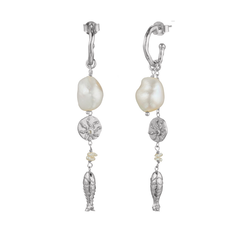 Murkani Of The Sea Fish & Pearl Long Earrings Sterling Silver