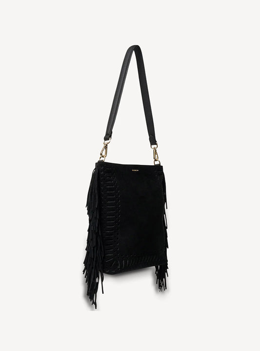 Saben Claudette Shoulder Bag Black Suede + Fringe