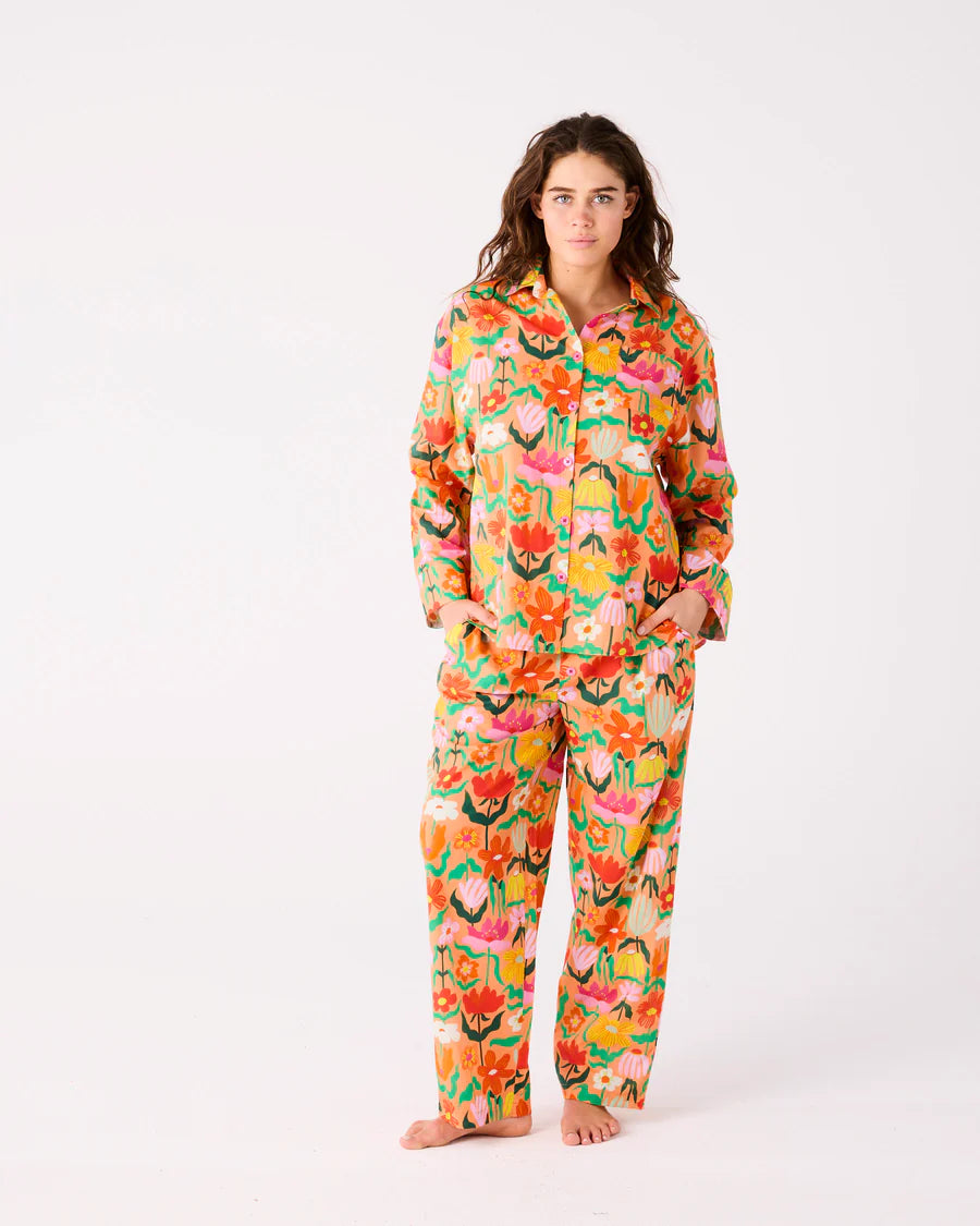 Kip & Co Popping Flowers Peach Adult Organic Long Pyjamas