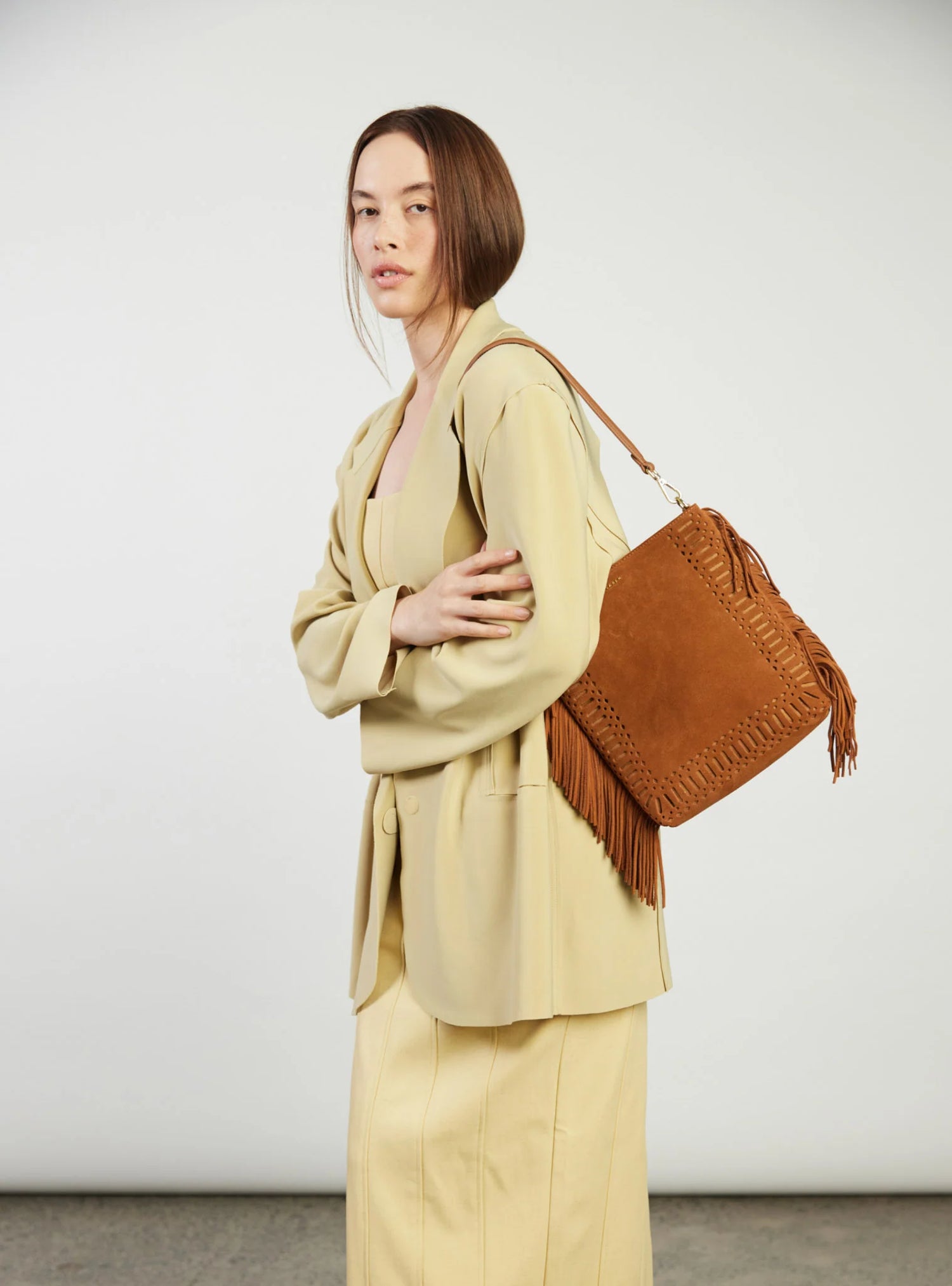 Saben Claudette Shoulder Bag Tan Suede + Fringe