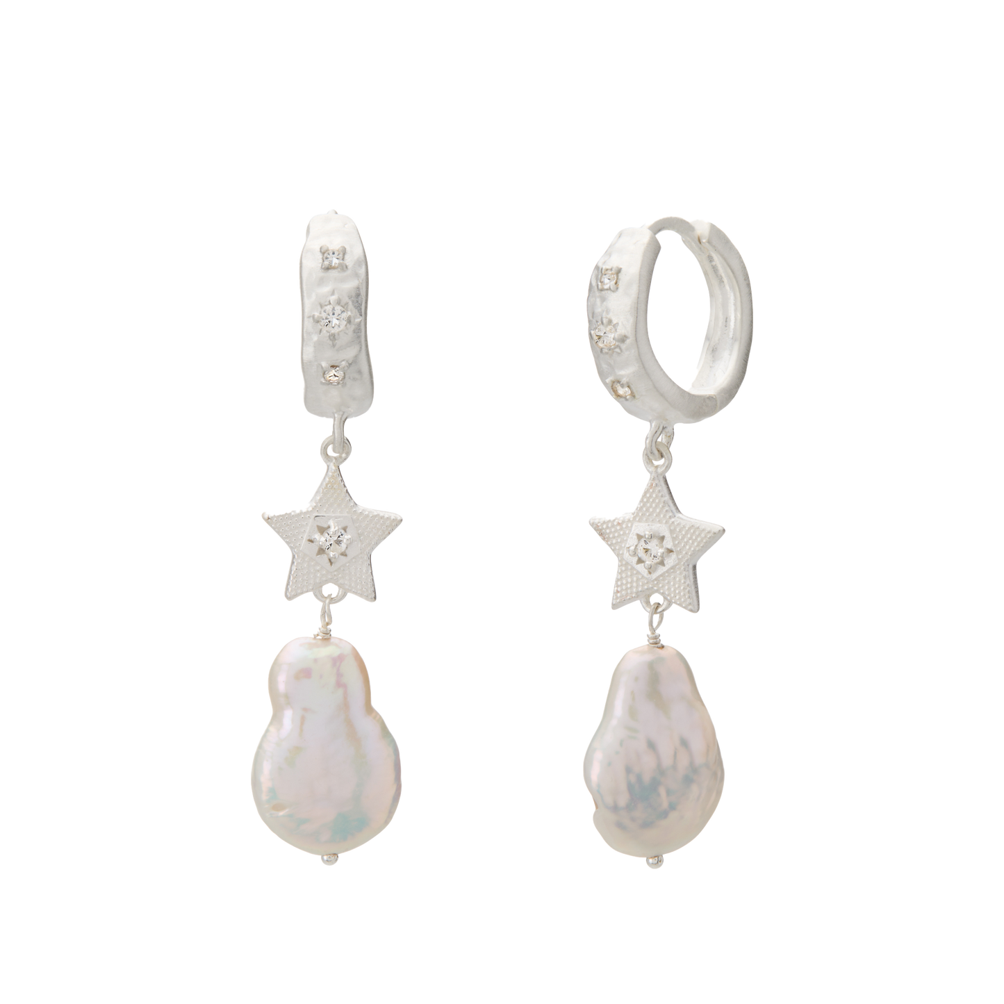 Murkani Cosmic Love Long Star Earrings - Sterling Silver with Pearl