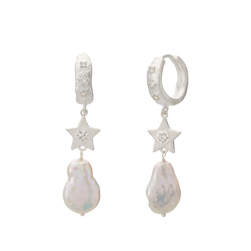 Murkani Cosmic Love Long Star Earrings - Sterling Silver with Pearl