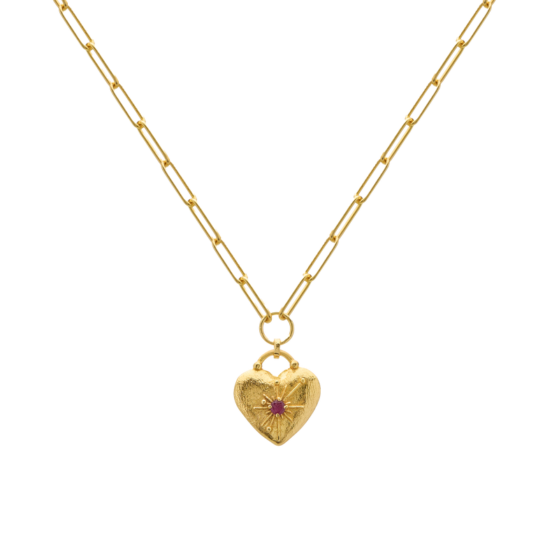 Murkani Love You Large Heart Necklace - 18k Gold Pated w Ruby