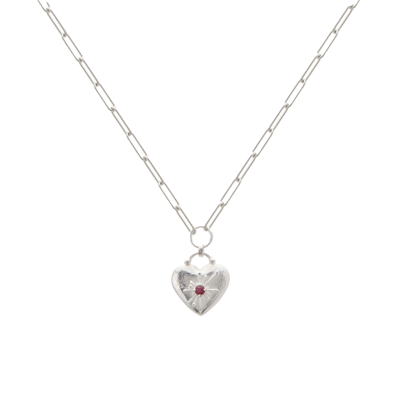 Murkani Love You Large Heart Necklace - Sterling Silver w Ruby