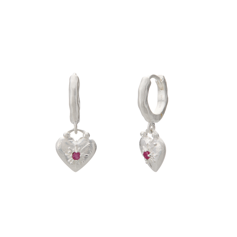 Murkani Love You Small Heart Huggies - Sterling Silver w Ruby