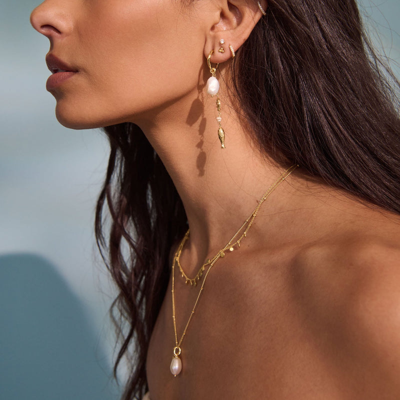 Murkani Of The Sea Fish And Pearl Long Earrings 18kt Gold Plate