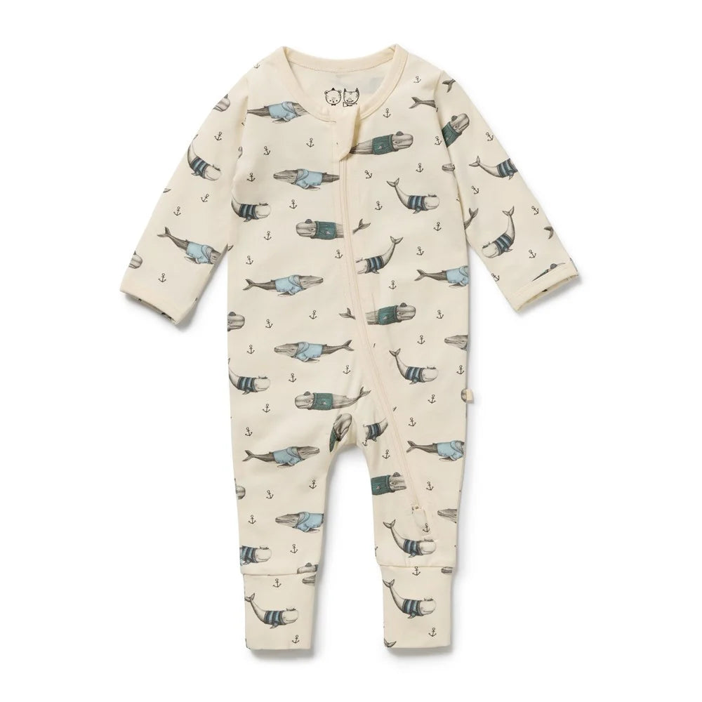 Wilson & Frenchy Woolly Whales Zipsuit with Feet - Organic Cotton Jersey