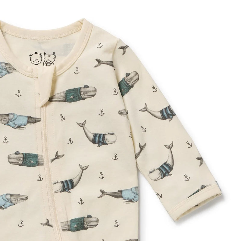 Wilson & Frenchy Woolly Whales Zipsuit with Feet - Organic Cotton Jersey