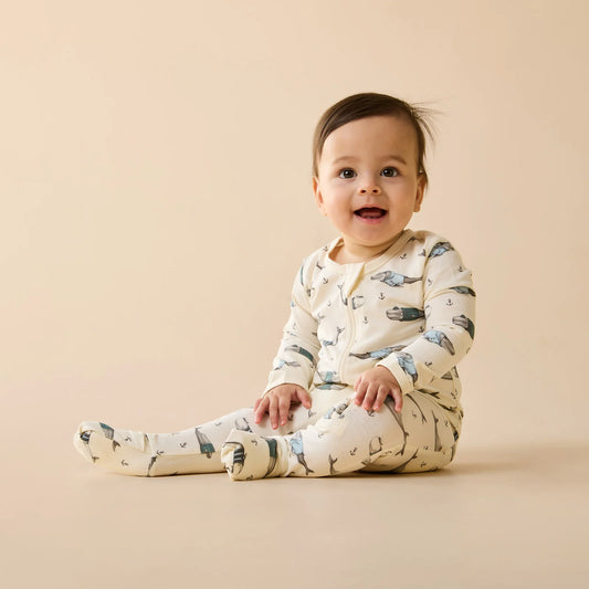 Wilson & Frenchy Woolly Whales Zipsuit with Feet - Organic Cotton Jersey