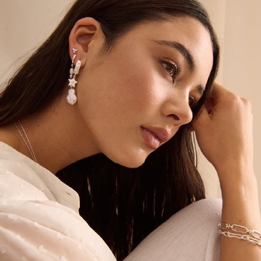 Murkani Cosmic Love Long Star Earrings - Sterling Silver with Pearl