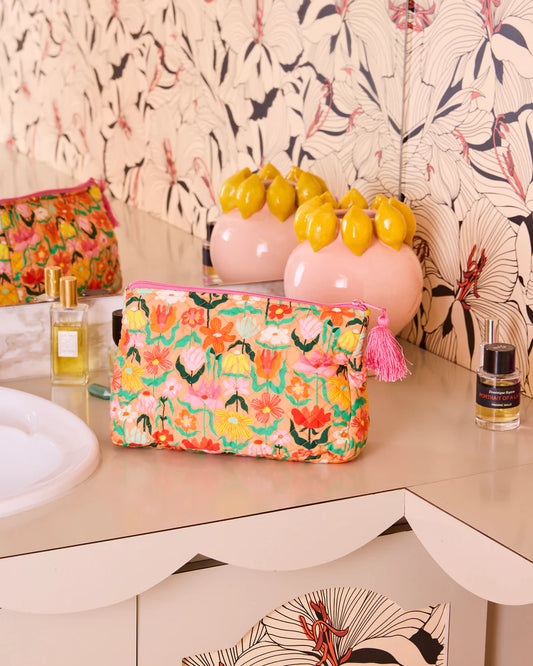 Kip & Co Popping Flowers Peach Quilted Cotton Toiletry Purse