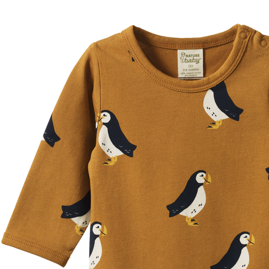 Nature Baby Stretch Jersey Organic Cotton L/S Bodysuit - Puffin Toffee Print