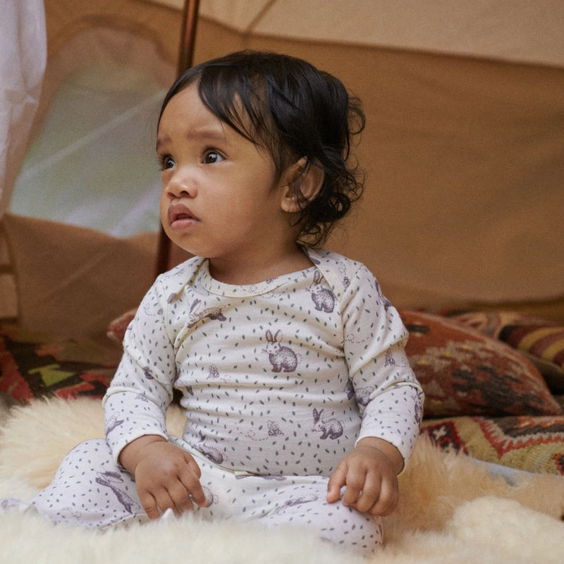 Nature Baby Merino Footed Rompers - Rabbity Print